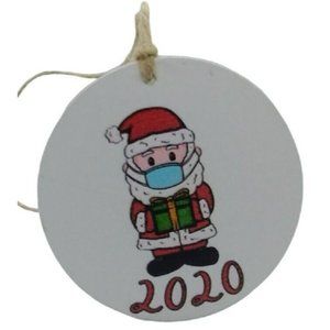 Santa Claus Blue Face Mask and Present Dated 2020 Round Christmas Ornament